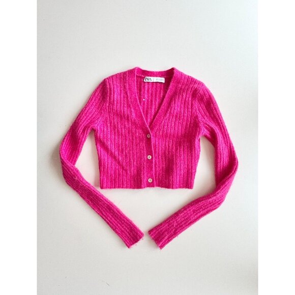 ZARA Hot Pink Wool Alpaca Ribbed Knit V-Neck Cropped Cardigan Sweater, Size S - Picture 5 of 10